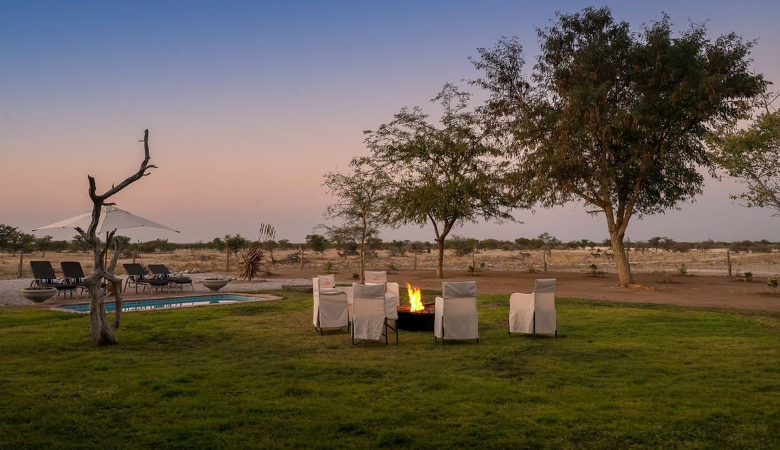 Chaises disposées autour d'un brasero allumé sur la pelouse de la Safari House au crépuscule, avec la piscine en arrière-plan.
