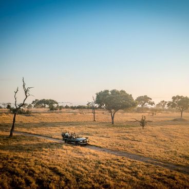 Veicolo safari che attraversa le praterie dorate al tramonto all'Umkumbe Bush Lodge in Sudafrica
