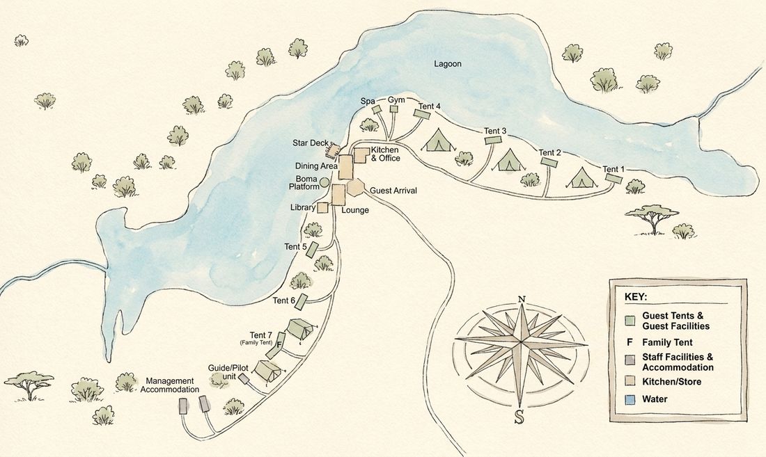 Map of the rooms and facilities at North Island Okavango Camp by Natural Selection