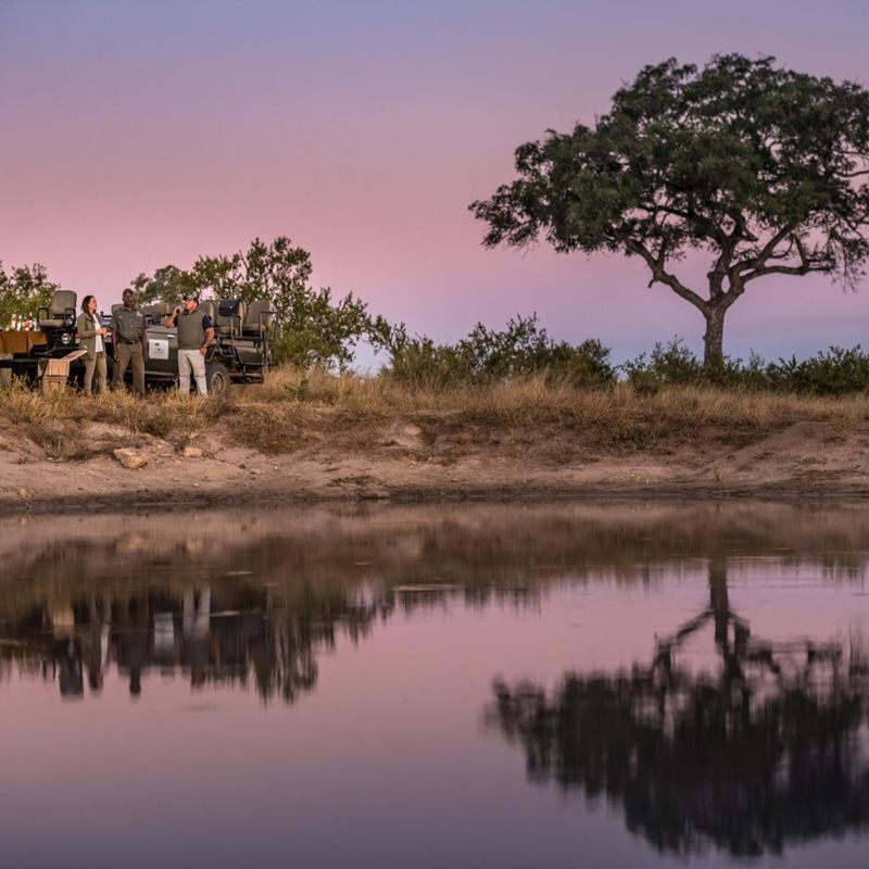 Veicolo safari dell'Umkumbe Bush Lodge riflesso in una pozza d'acqua durante un tramonto viola nella savana sudafricana.
